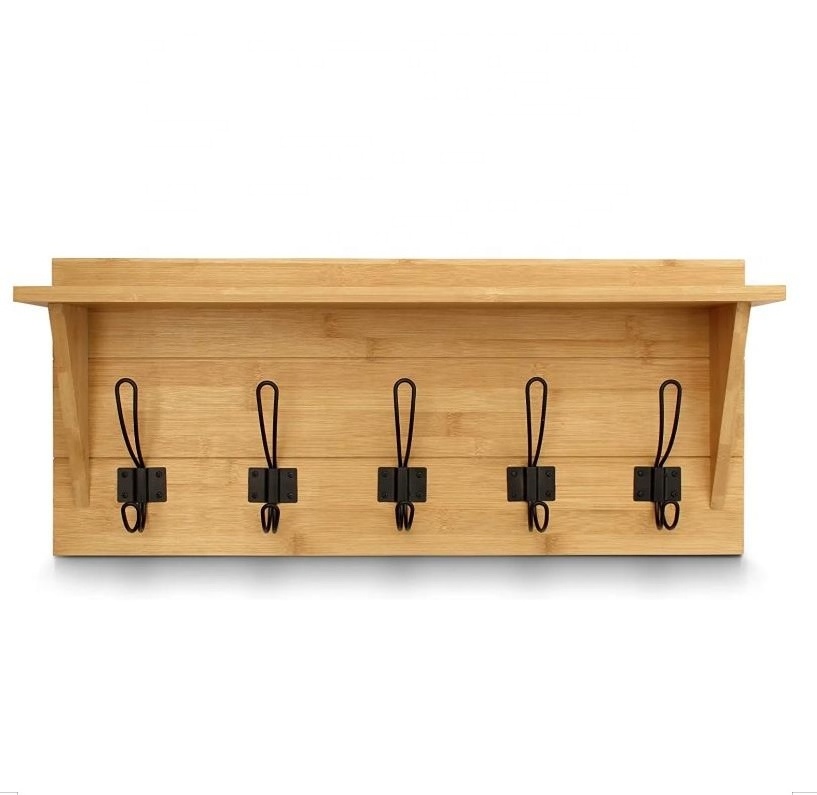 Bamboo Wall Mounted Coat Rack with Shelf - Wooden Country Style 24