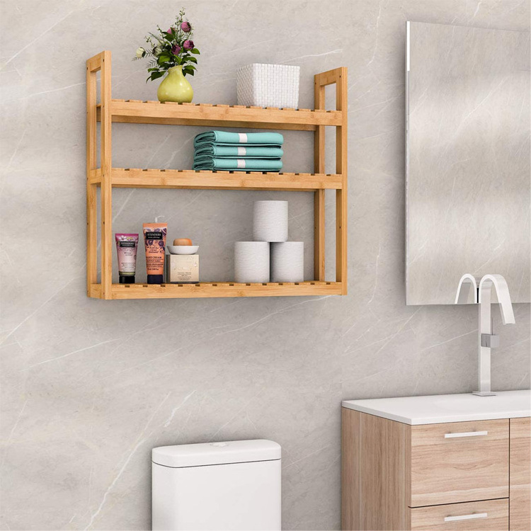 Bamboo Bathroom Shelf 3-Tier Wall Mount Storage Rack Multifunctional Toilet Utility Shelves