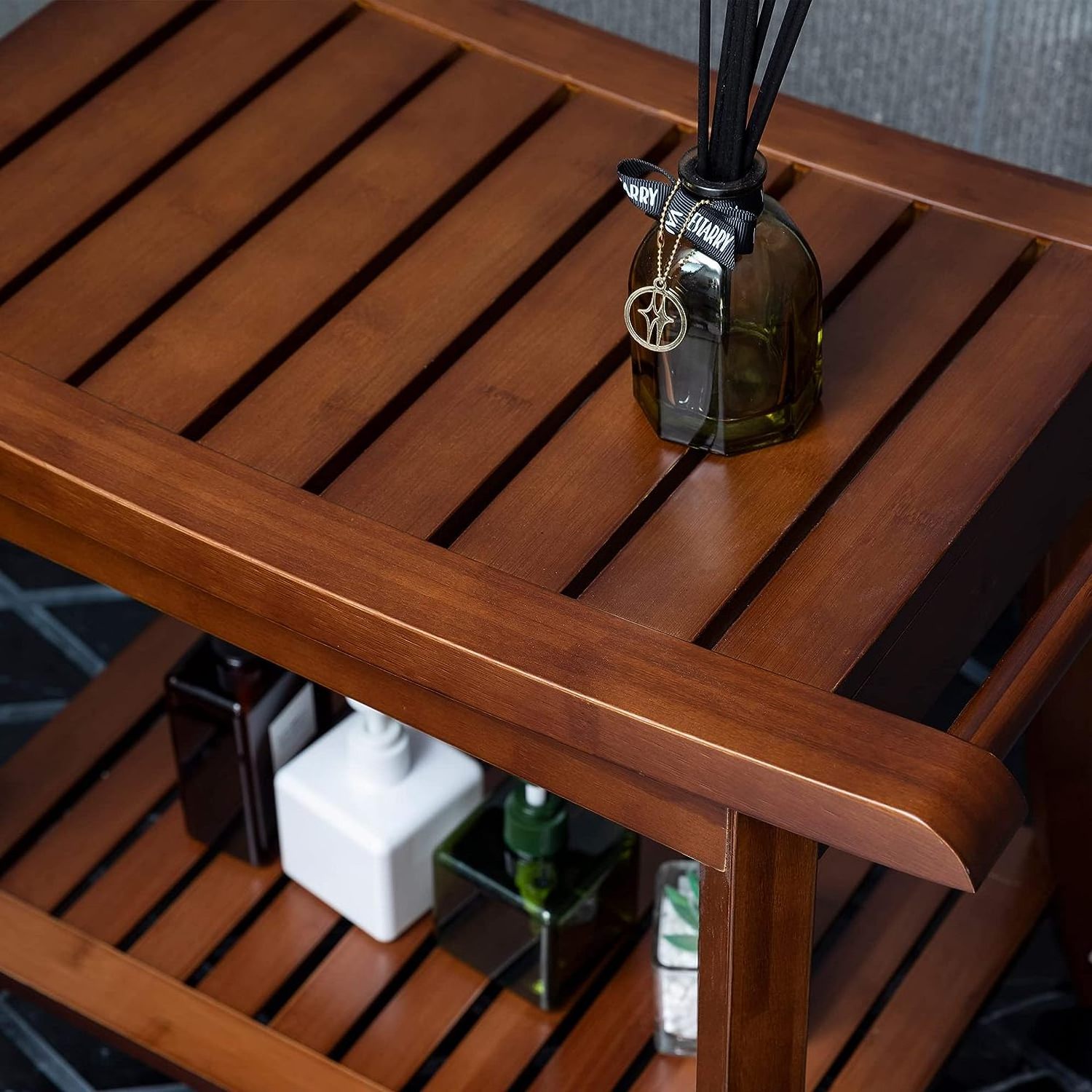 Bamboo Shower Bench Stool with Storage Shelf