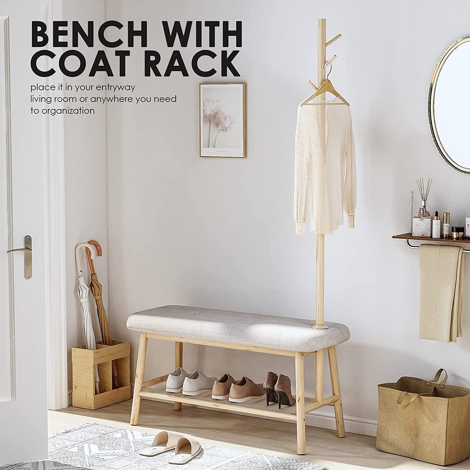 Bamboo shoe bench with storage and coat rack, stylish entryway bench, consolidated design