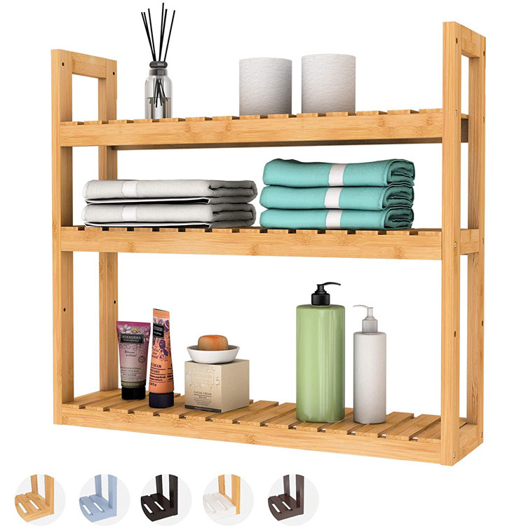 Bamboo Bathroom Shelf 3-Tier Wall Mount Storage Rack Multifunctional Toilet Utility Shelves