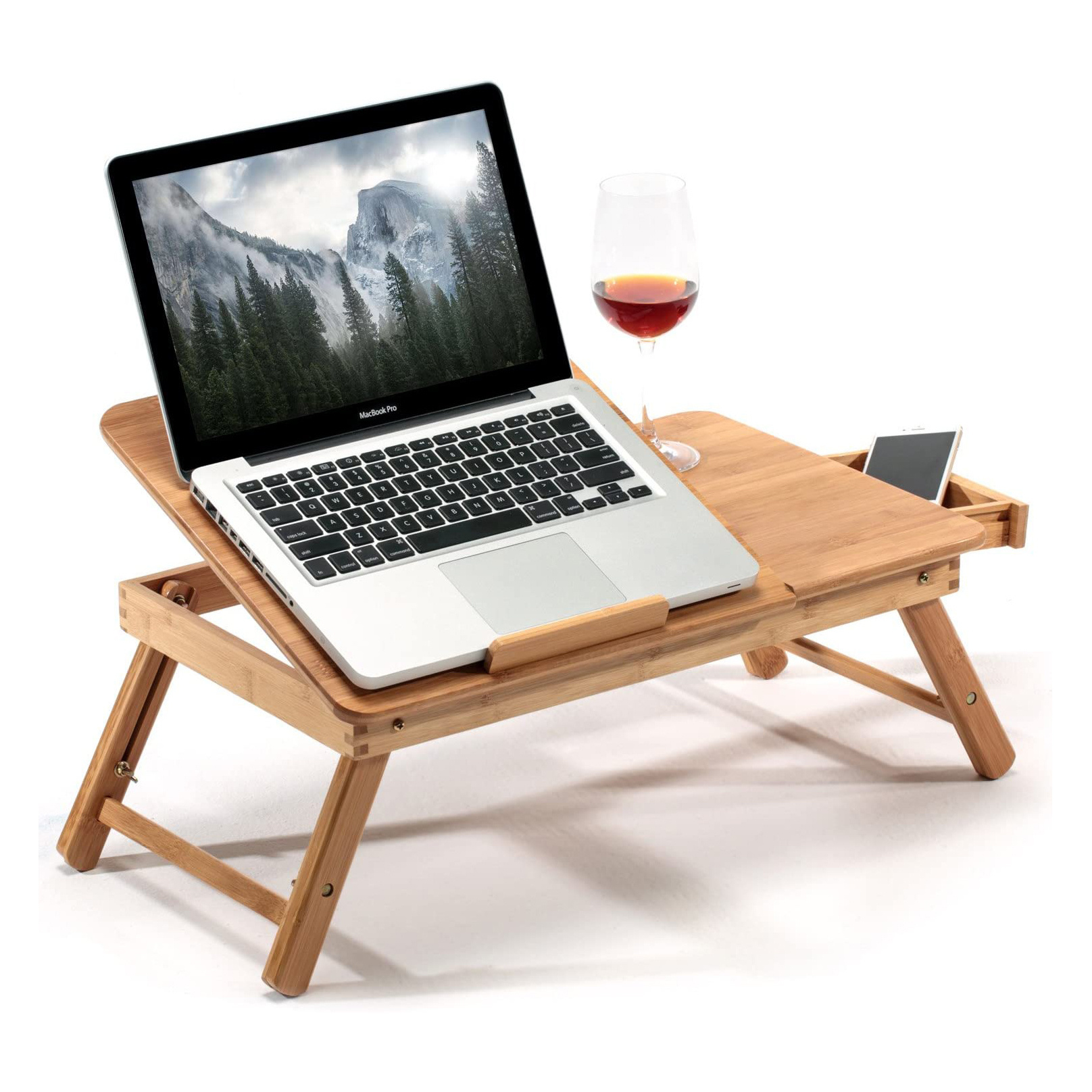 Bamboo Large Foldable Laptop Notebook Stand Desk with Height Adjustable Legs Drawer Cup Holder,Bed Table Serving Tray