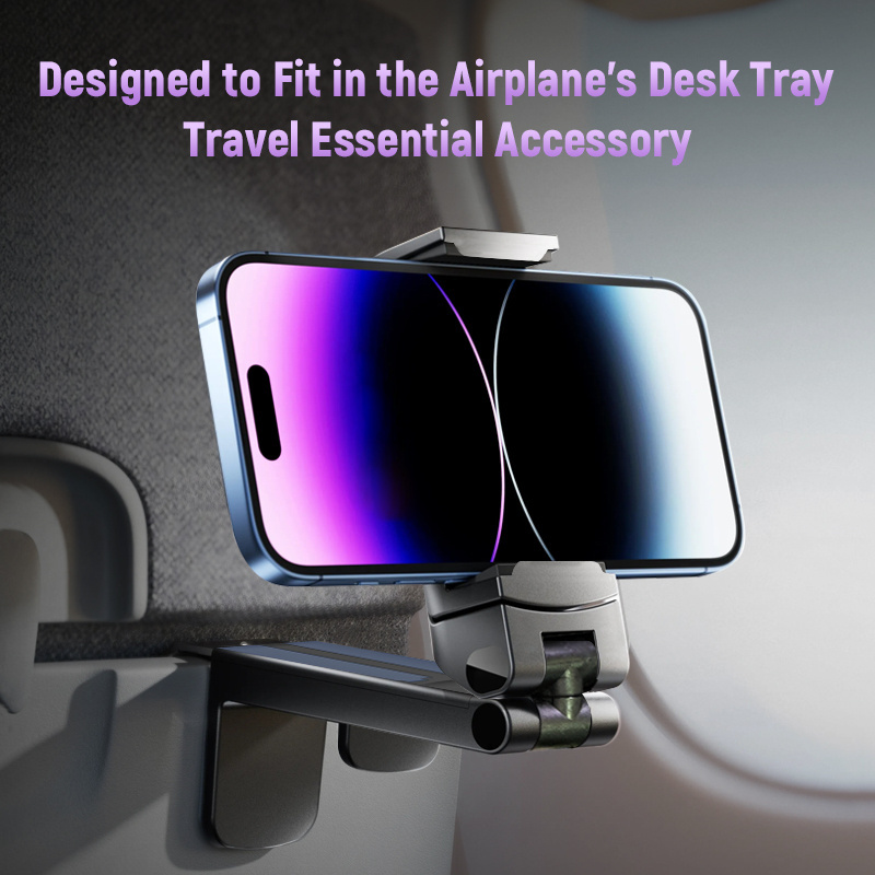 Exclusive Patent Airplane Tray Luggage Portable Phone Clamp Stand Foldable Adjustable Dual Rotating Travel Mobile Phone Holder