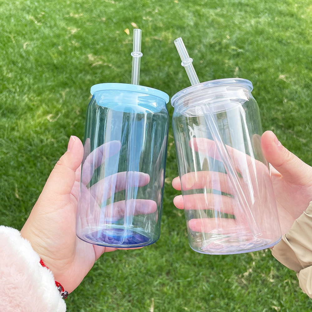 Custom 16oz Transparent Clear 16 oz Color Jelly Cans Beer Soda Acrylic Plastic Can Cup With Lids And Straws