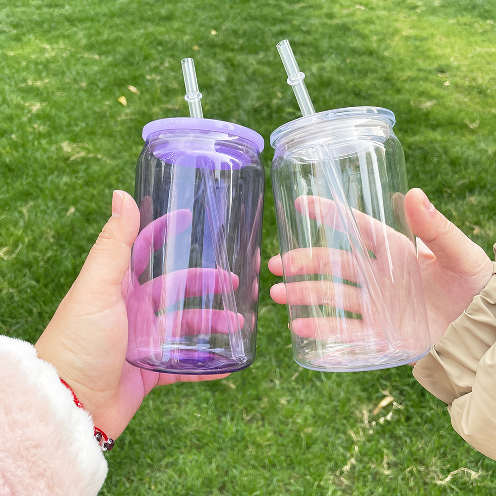 Custom 16oz Transparent Clear 16 oz Color Jelly Cans Beer Soda Acrylic Plastic Can Cup With Lids And Straws