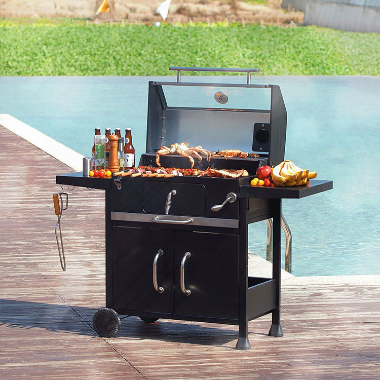 New Arrival Outdoor Built In Trolley Square Metal Heavy Duty BBQ Grills Grid Smoker Barbecue BBQ Charcoal Grill