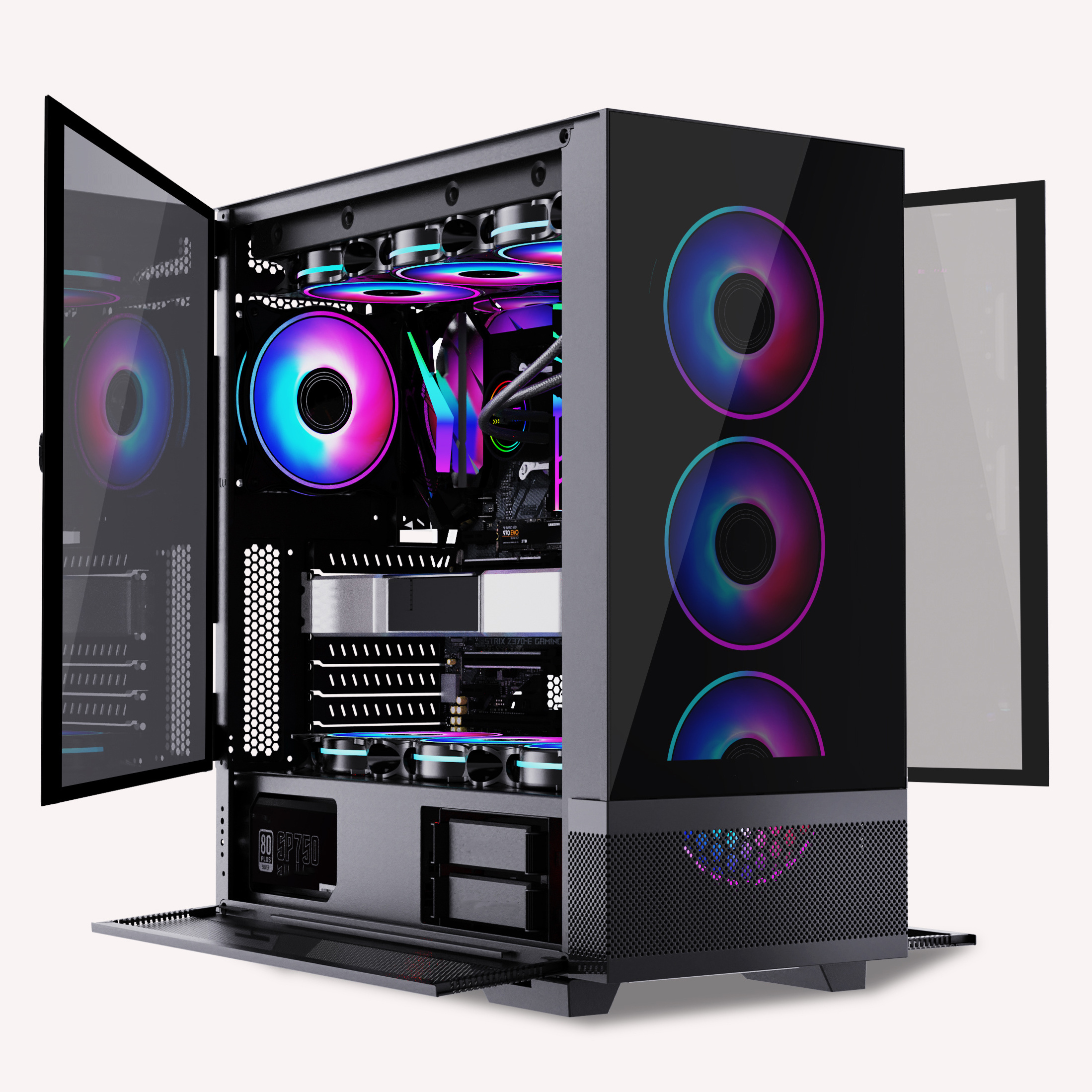 XYZCASE pc cabinet Two tempered glass gaming ATX full tower gamer computer case RGB fan gaming computer cases