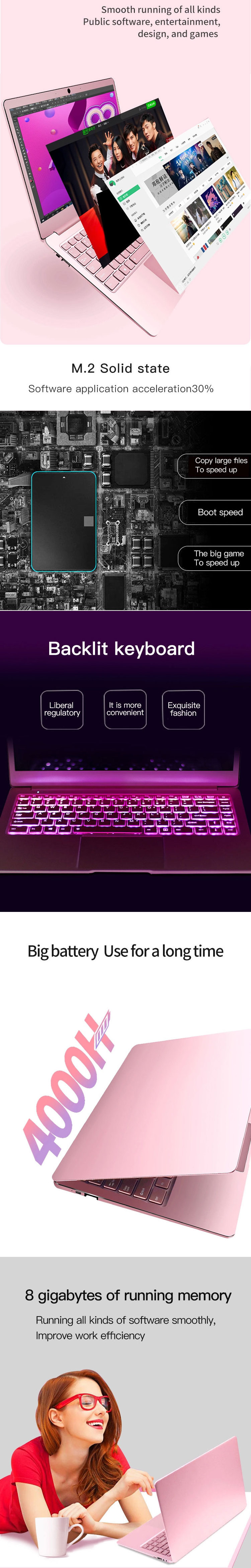 Pink 14.1 Inch Laptops 8g Ram 512g 256g 128g Ssd Gaming Notebook Intel Quad Core Netbook Laptop