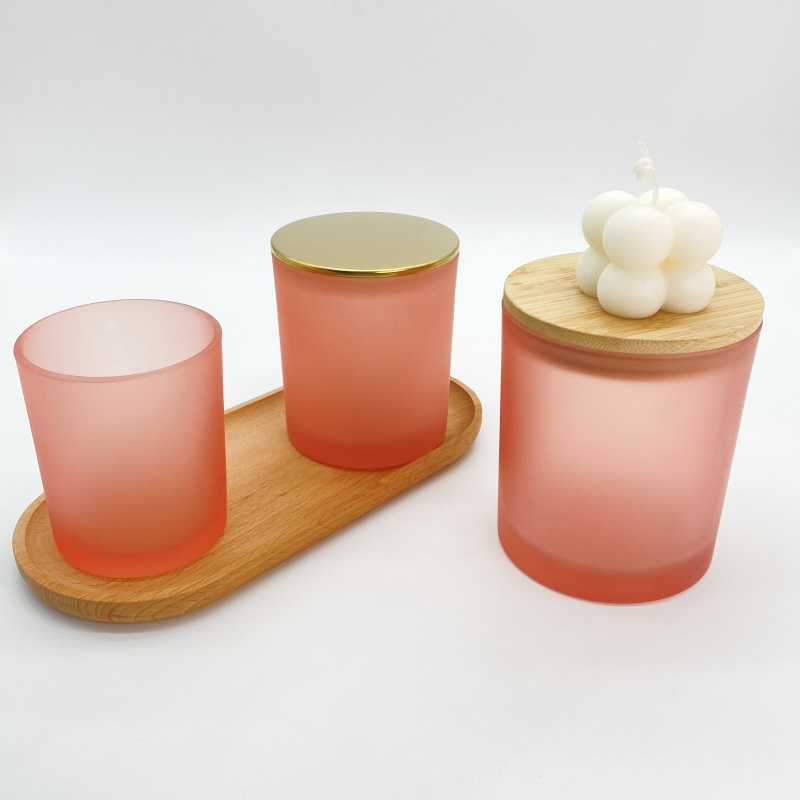 Luxury 7oz 10oz 14oz Pink Frosted Glass Candle Container In Bulk Candle Holder With Bamboo Lid For Candle Making