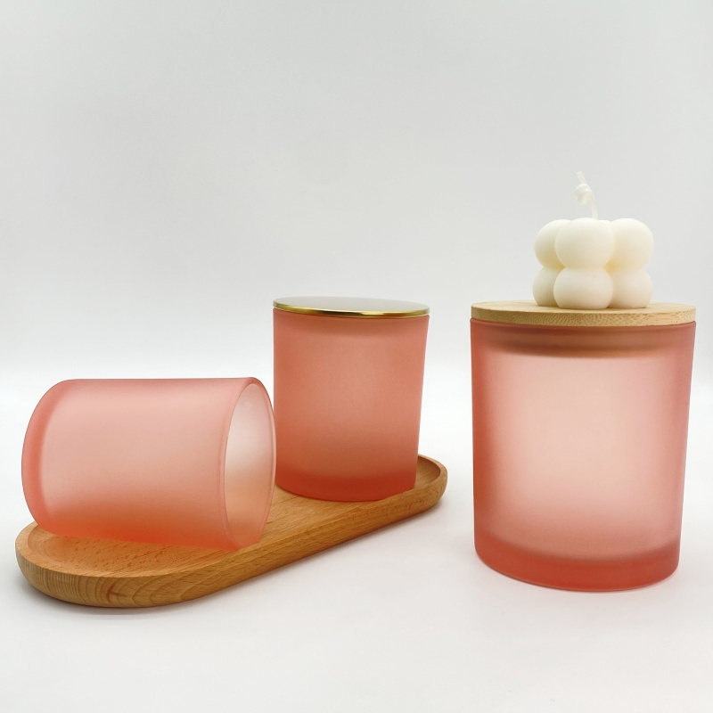 Luxury 7oz 10oz 14oz Pink Frosted Glass Candle Container In Bulk Candle Holder With Bamboo Lid For Candle Making