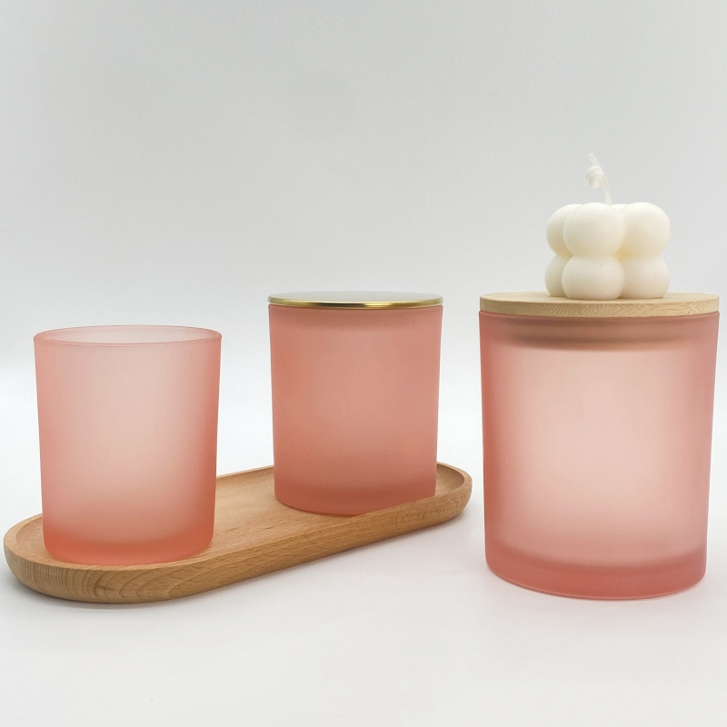 Luxury 7oz 10oz 14oz Pink Frosted Glass Candle Container In Bulk Candle Holder With Bamboo Lid For Candle Making