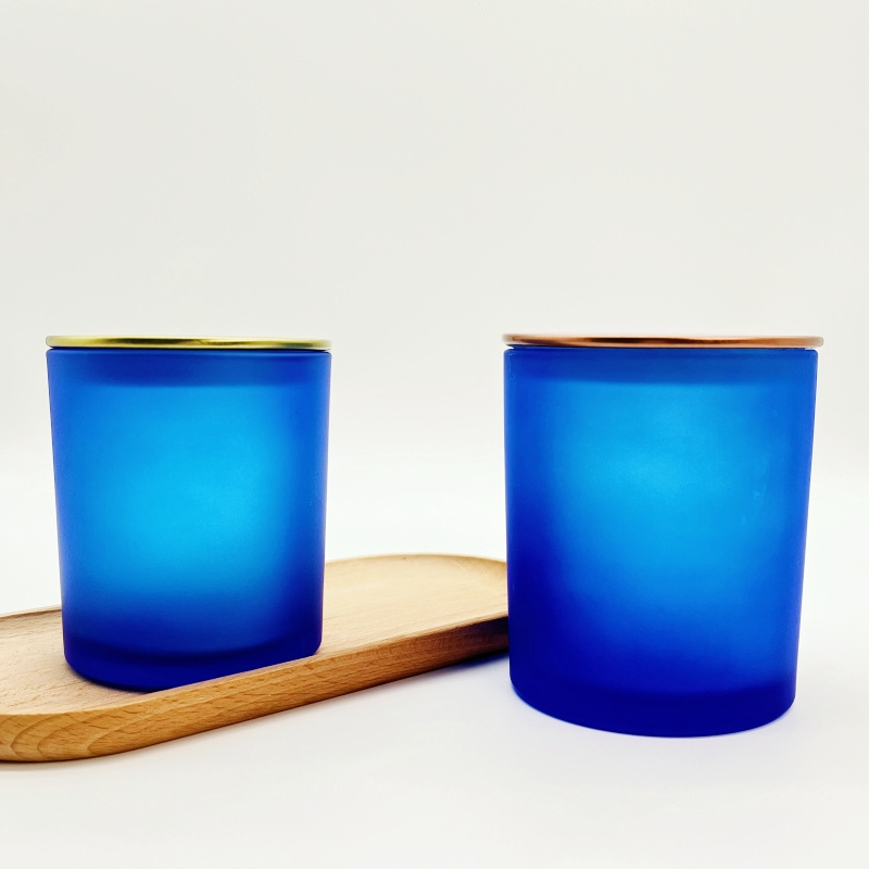 Luxury Classic 6oz - 15oz Empty Frost Blue Candle Containers Bulk Modern Glass Candle Jars With Bamboo Lids For Candle Making