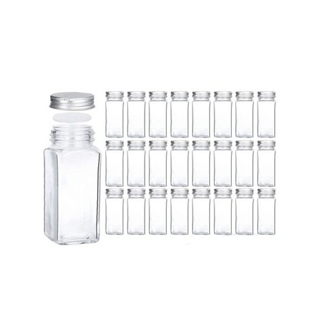 14 Pcs 4oz Square Glass Spice Jars with Labels - Shaker Lids Airtight Metal Caps - Chalk Marker and Silicone Collapsible Funnel