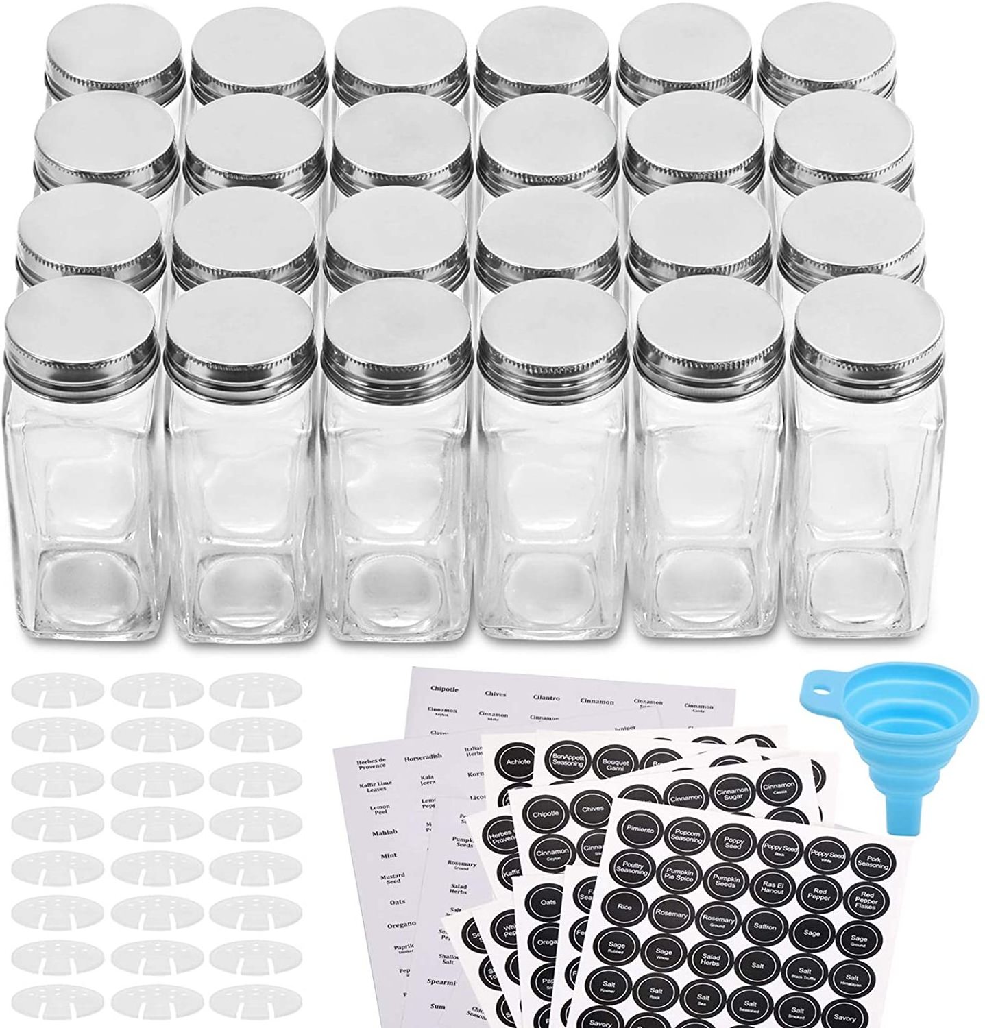 14 Pcs 4oz Square Glass Spice Jars with Labels - Shaker Lids Airtight Metal Caps - Chalk Marker and Silicone Collapsible Funnel