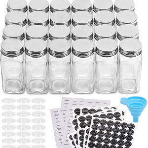 14 Pcs 4oz Square Glass Spice Jars with Labels - Shaker Lids Airtight Metal Caps - Chalk Marker and Silicone Collapsible Funnel