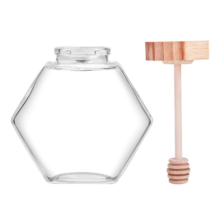 220ml 8oz Hexagonal Honey Glass Jar Jam Honey jar Pot With wooden lids and dipper