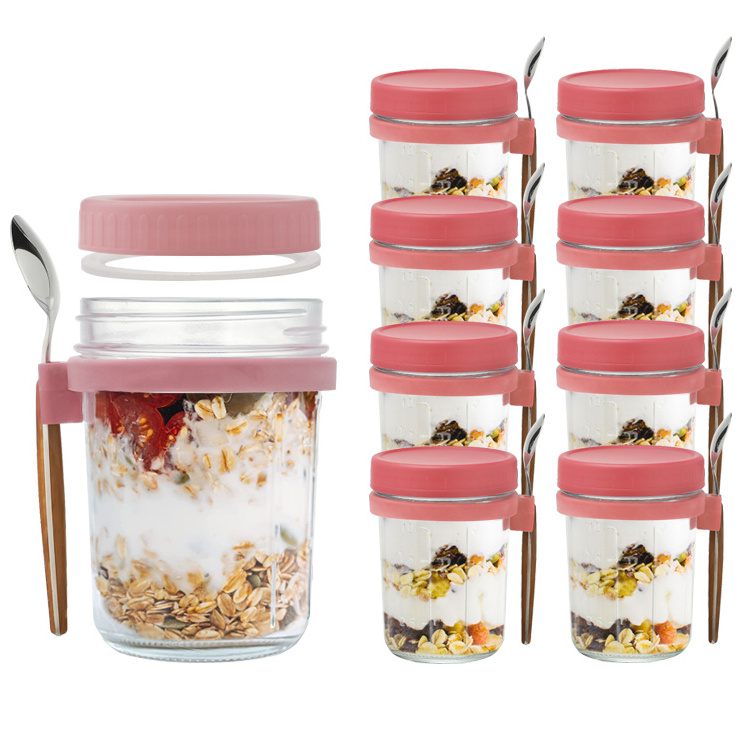 10 oz Large Capacity Airtight Oatmeal Container with Measurement Marks spoon and fork Overnight Oats Jars