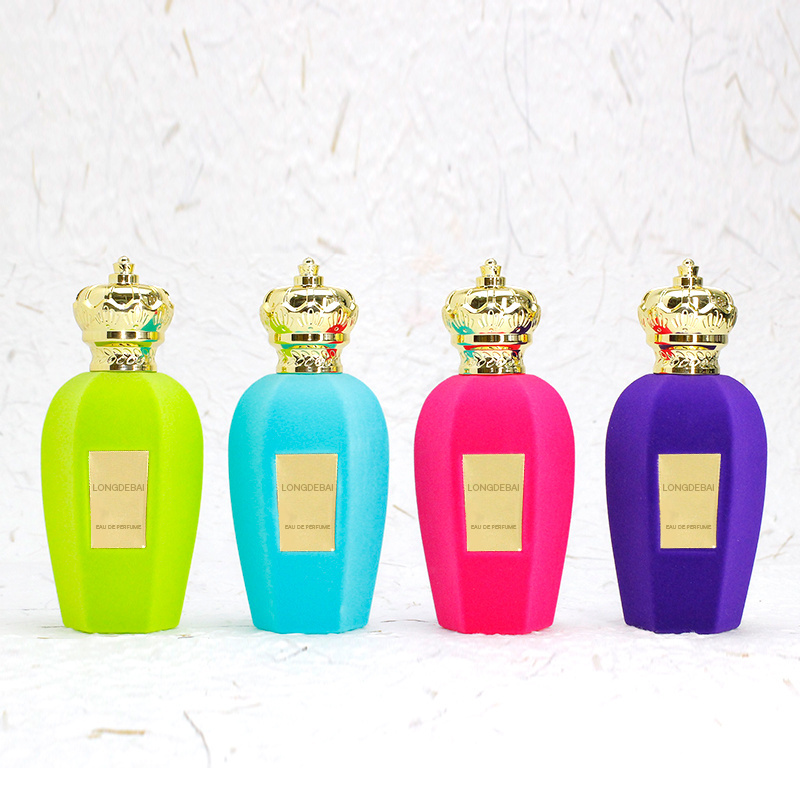 In stock crimp spray colorful flocking velvet glass perfume bottles 50ml 100ml with gift box