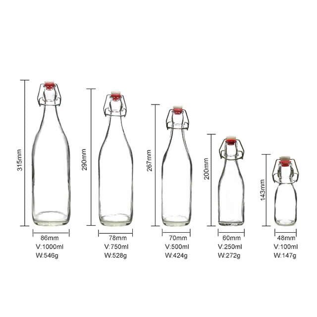 wholesale clear 100ml  250ml 500ml  1000ml glass bottle with ring swing top cap