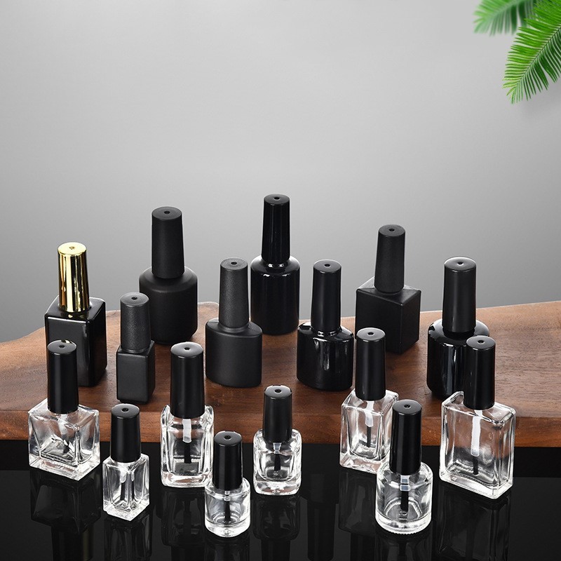 New products 4ml 5ml 8ml 10ml 12ml 15ml clear black flat rectangle empty uv gel nail polish glass bottle with black brush