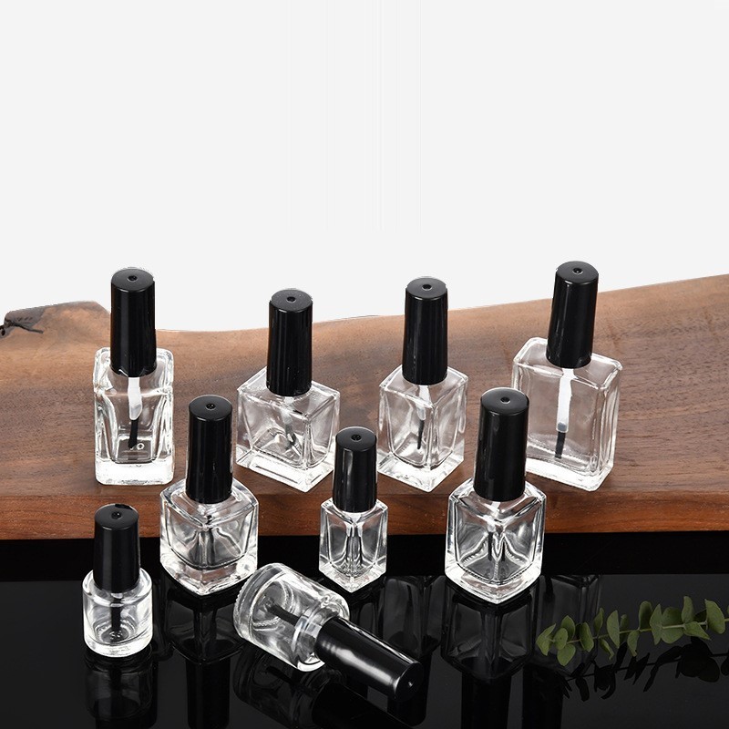 New products 4ml 5ml 8ml 10ml 12ml 15ml clear black flat rectangle empty uv gel nail polish glass bottle with black brush