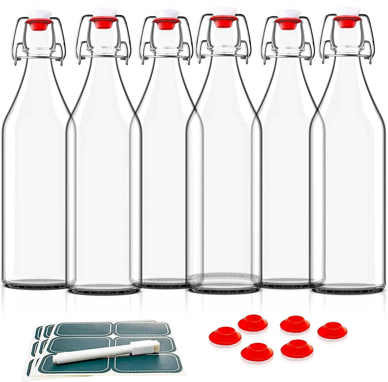 Wholesale 250ml 500ml 750ml 1000ml Clear Round Glass Juice Beverage Milk Juicy Bottle with Swing Top