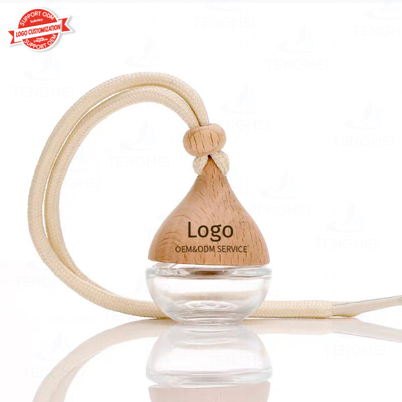 Factory wholesale car ornament air freshener 6ml Glass Wooden Cover Car Pendant Perfume Hanging Bottle