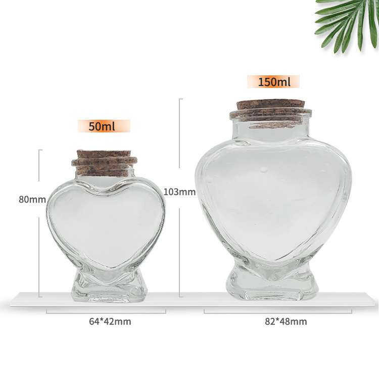 wholesale 50ml 5oz 150ml empty heart shape Wedding Decoration Diy Gift Glass Bottle wishing jar with wooden cork