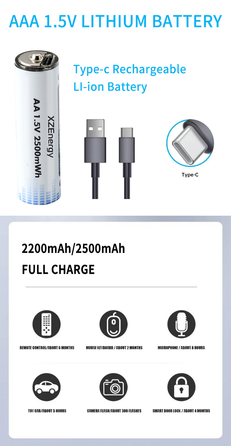 Hot Sale Lithium Ion Battery Manufacturer 1.5V R6 AA Type C USB Rechargeable AA Dry  Battery