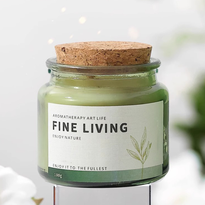 Wholesale high quality luxury small capacity light green glass container aromatherapy candle jar with cork lid