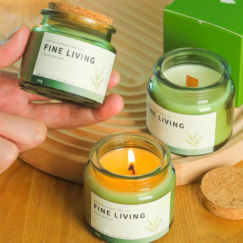 Wholesale high quality luxury small capacity light green glass container aromatherapy candle jar with cork lid