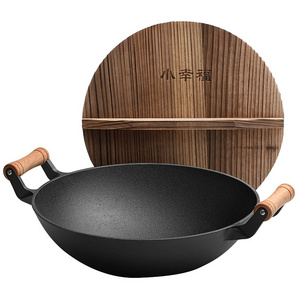 Household Uncoated Chinese Iron Cast Wok Cast Iron Wok Large Wok With Wooden Handle