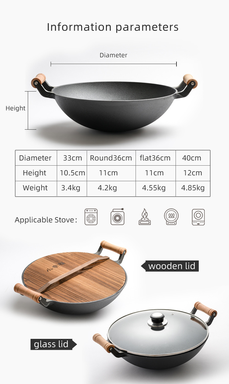 Household Uncoated Chinese Iron Cast Wok Cast Iron Wok Large Wok With Wooden Handle