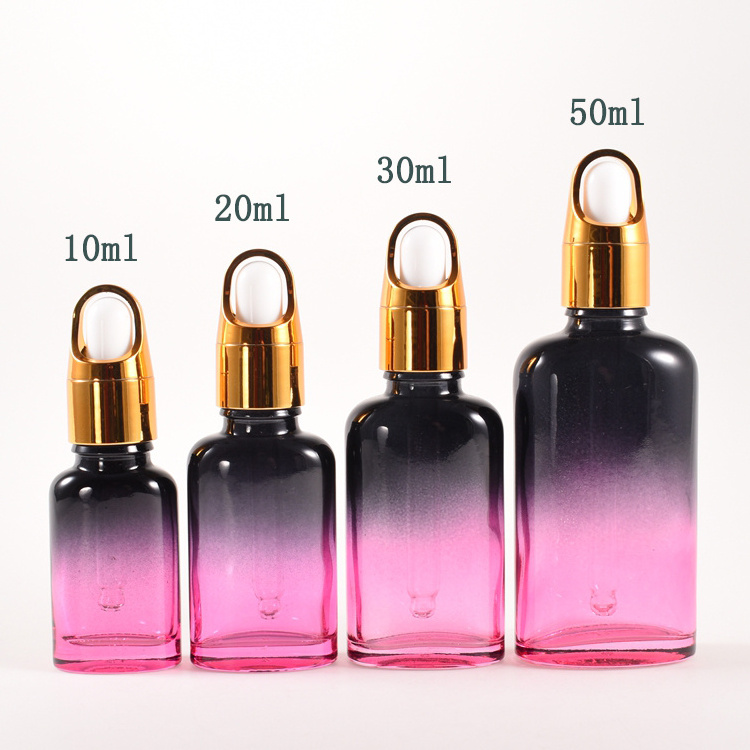 Flat 10ml 20ml 30ml 50ml gradient red color essential oil square pink glass perfume dropper bottle with flower basket cap