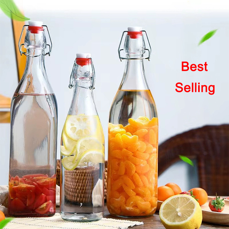 wholesale 750ml round flip lid  drink beer wine water bottles glass 1000ml empty home brew swing top bottle with Seal cap