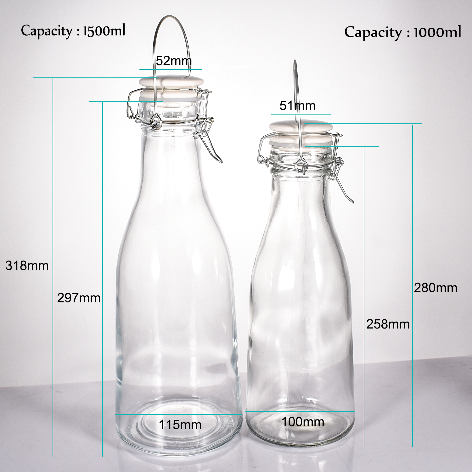 Supplier Custom 1500ml 1.5L Clear Ceramic Swing Open Lids Stopper Glass Juice Kombucha Bottle with hinged handle