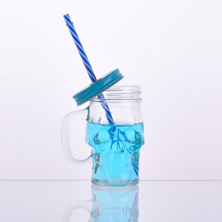 Hot Sale colorful square 16oz glass mason jar with handles wholesale 450ml mason jar with straw