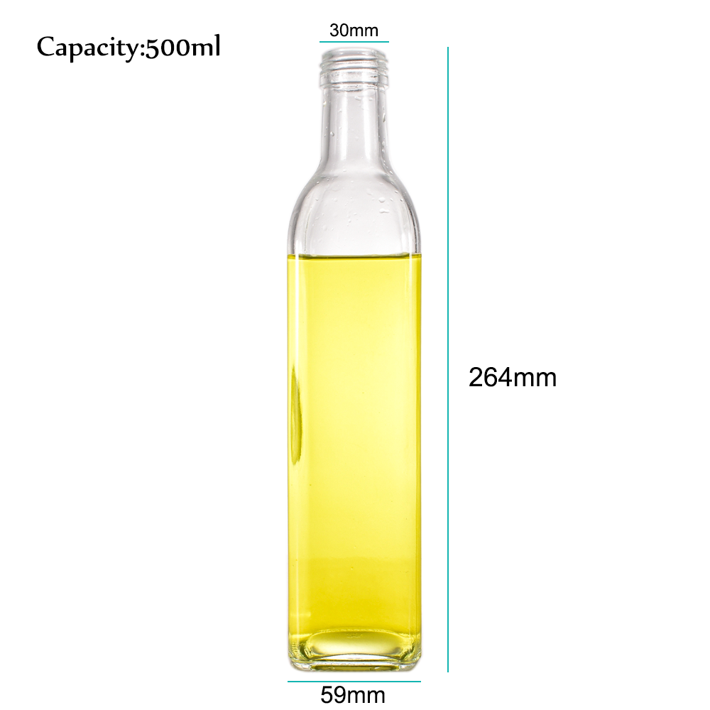 Organic Kitchen Oil Bottle 500ml Square empty Marasca Edible Cooking Olive Oil Glass Bottle for Vinegar