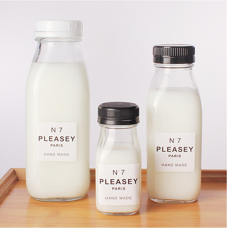 300ml 500ml 1000ml 1 liter glass milk bottle french square bulk milk glass bottle with plastic black white color