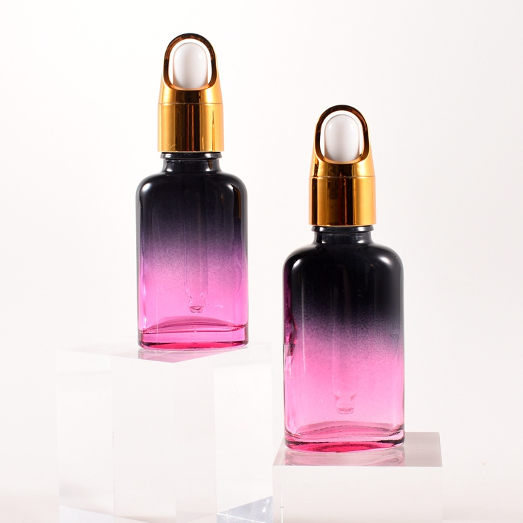 Flat 10ml 20ml 30ml 50ml gradient red color essential oil square pink glass perfume dropper bottle with flower basket cap