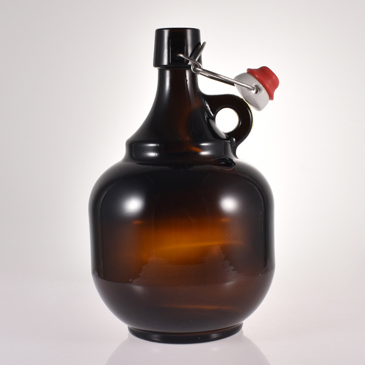 Large 1000ml 2000ml 64oz 32oz amber glass bottle amber glass wine beer growler with swing top cap and handle