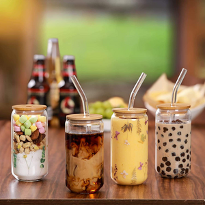 400ml 500ml High Borosilicate Glass Beer Mug Clear Coffee Soda Beverage Beer Can with Bamboo Lid and Straw