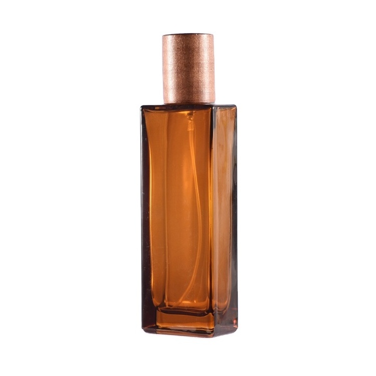 Wholesale spray amber color rectangle perfume bottle 50ml brown mens slim glass perfume bottles with golden pump spray lid