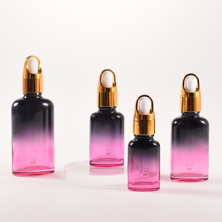 Flat 10ml 20ml 30ml 50ml gradient red color essential oil square pink glass perfume dropper bottle with flower basket cap