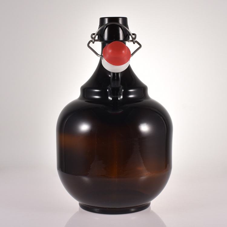 Large 1000ml 2000ml 64oz 32oz amber glass bottle amber glass wine beer growler with swing top cap and handle