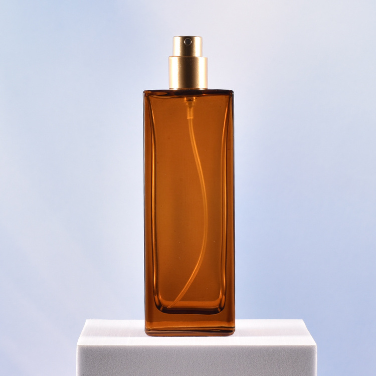 Wholesale spray amber color rectangle perfume bottle 50ml brown mens slim glass perfume bottles with golden pump spray lid