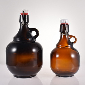 Large 1000ml 2000ml 64oz 32oz amber glass bottle amber glass wine beer growler with swing top cap and handle