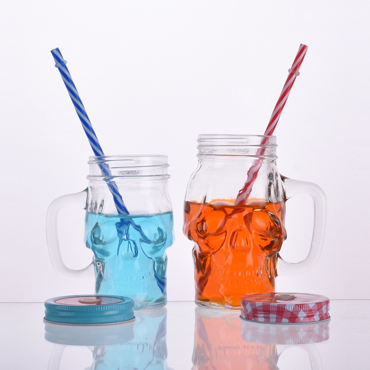 Hot Sale colorful square 16oz glass mason jar with handles wholesale 450ml mason jar with straw