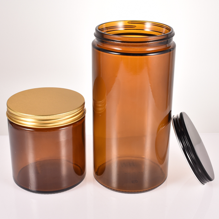 Amber 500ml 1000ml large glass candle jar tall round smooth gold lid amber glass jars for candle making with lids