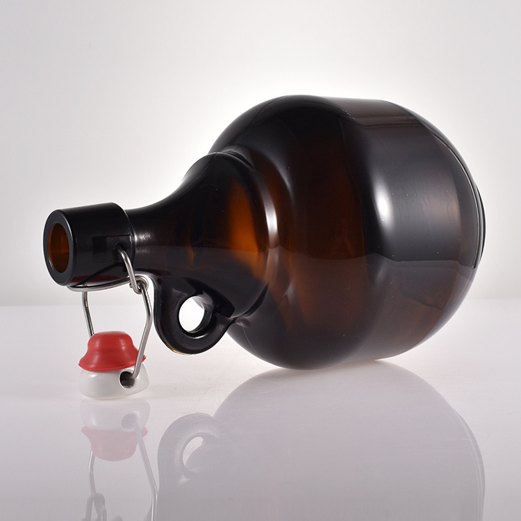 Large 1000ml 2000ml 64oz 32oz amber glass bottle amber glass wine beer growler with swing top cap and handle